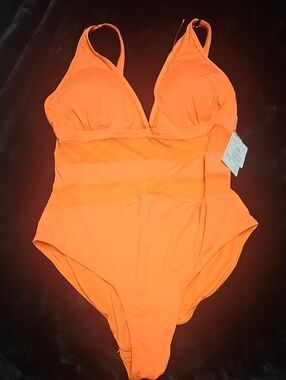 Orange One-Piece Swimsuit with V-Neck